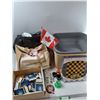 Image 1 : Assorted Items- Litterbox, chessboard,  Beer Advertisements, Bags