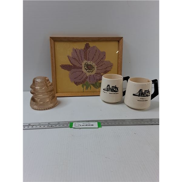 Assorted Items - (1) Picture, (2) Mugs, (1) Glass Telephone Insulator