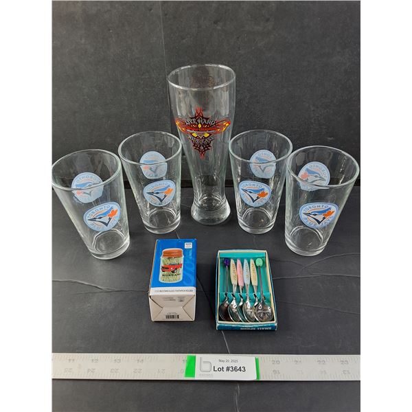 (4) Blue jays Glasses, Harley Davidson Beer Cup, Spoons and a NIB Toothpick Holder