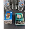 Image 3 : (4) Blue jays Glasses, Harley Davidson Beer Cup, Spoons and a NIB Toothpick Holder
