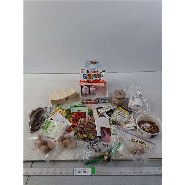 Assorted Seed Packets, Poppy Heads, Candle Holder,Kinder Surprise Eggs and a Scent Plug In