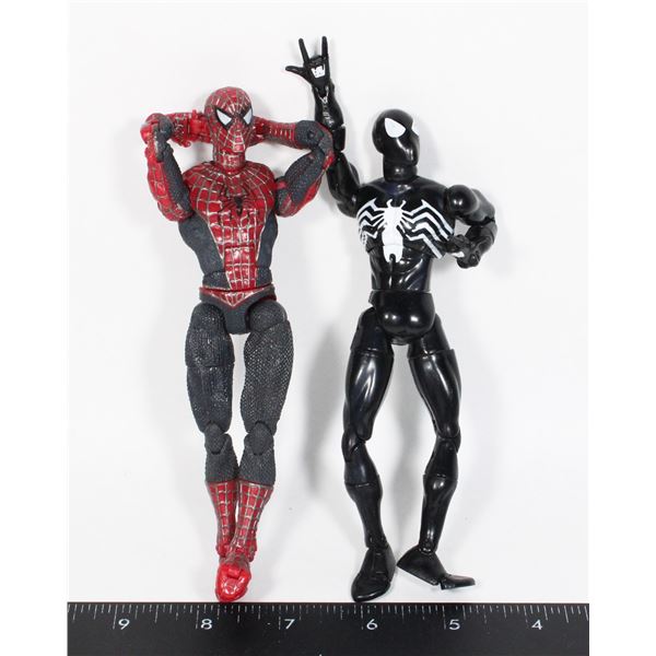 TWO SPIDER-MAN FIGURES BLACK SUIT 2001 BLUE SUIT