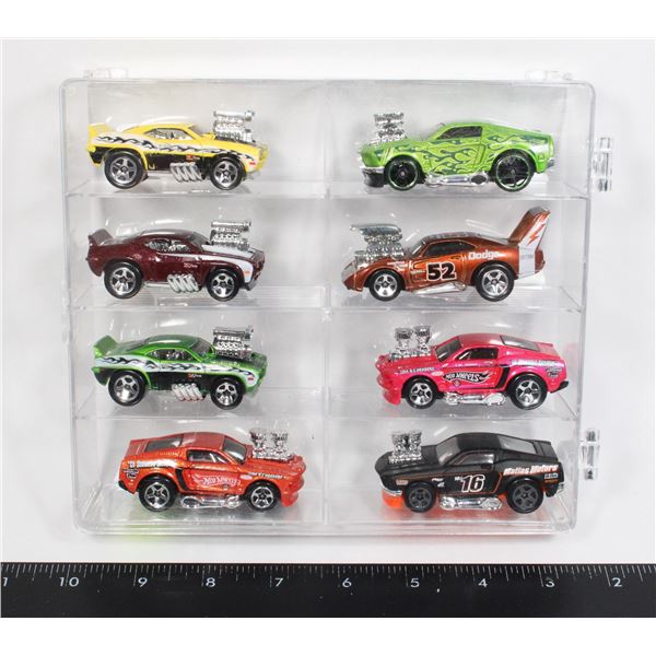 8 HOT ROD HOTWHEELS IN DISPLAY CASE