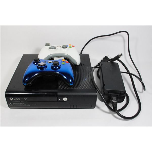 XBOX 360 CONSOLE WITH HOOKUPS, AND TWO WIRELESS