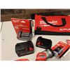 Image 4 : Multiple Milwaukee Tools in Case:  Tape Measures, Chargers, Worklight, Saw Blades, Battery, etc