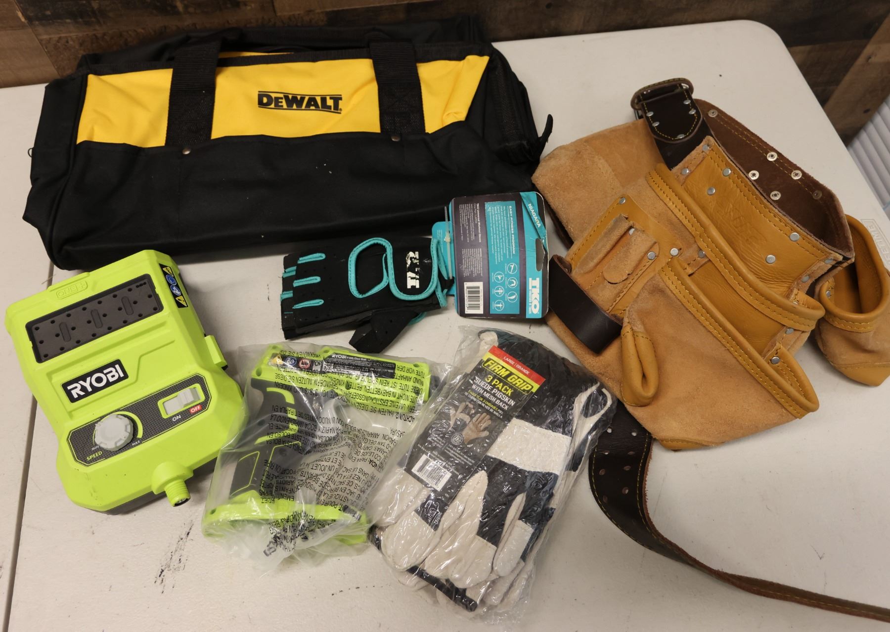 AWR Tool Apron, Gloves, Ryobi Glue Gun & Rotary Tool Station in DeWalt Bag