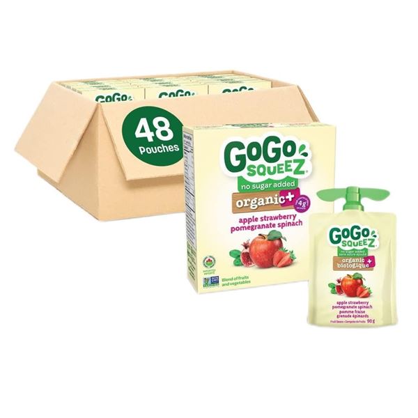 1 Case of GoGo SqueeZ Organic+ Fruit Sauce Apple Strawberry Pom Spinach Pouches (48 Count; 12 x 4pc)