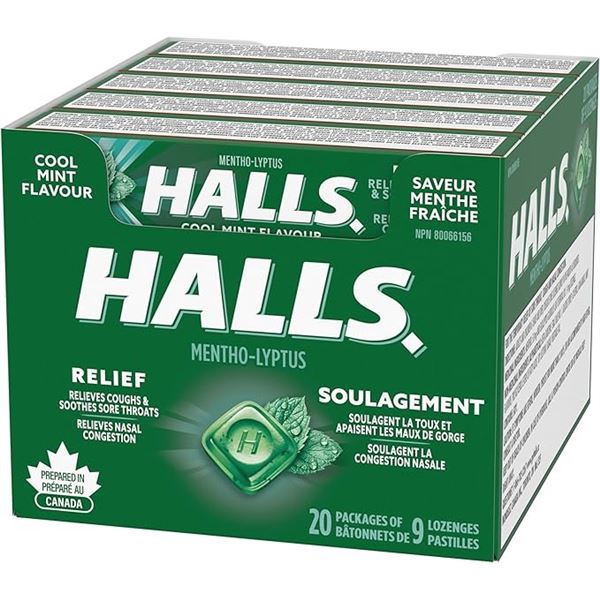 Halls Mentho-Lyptus Cool Mint Cough Drops/Throat Lozenges; 20 Packs of 9 Lozenges Each - New