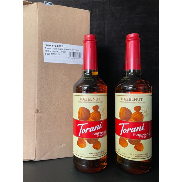 2 Torani Hazelnut Naturally Flavored Puremade Syrups; 750ml Each - BB: MAR 02/2026