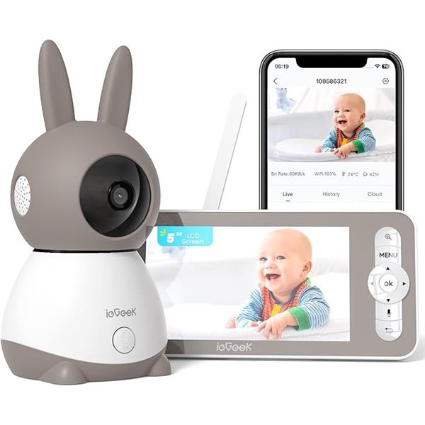 1 ieGeek 2K WiFi 5" Smart Video Baby Monitor - App Connection, PTZ, Night Vision - NEW SEALED!