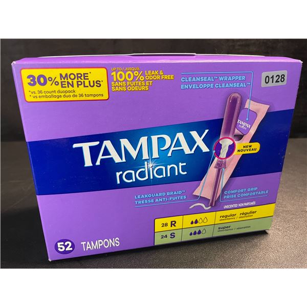 1 Box of Tampax Radiant Tampons - 52 Count (28 Regular/24 Super) - New Sealed