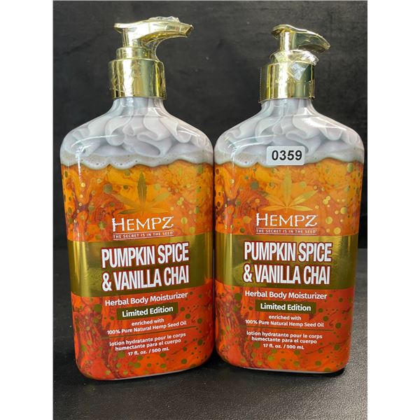 2 HEMPZ Pumpkin Spice & Vanilla Chai Herbal Body Moisturizers - Limited Edition - 500ml - New