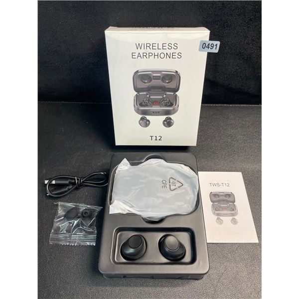 1 Pair of T12 Wireless Earbuds with Charging Case - New