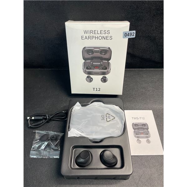 1 Pair of T12 Wireless Earbuds with Charging Case - New