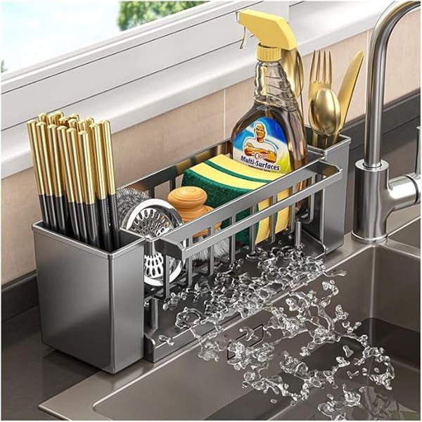2 Kitchen Sink Caddy Organizers with Auto-Drain Tray - Sponge/Brush/Cleaner Organizers - New