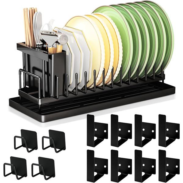 2 Dish Drying Rack Sets with Drain Board for Kitchen Counter - Black (16" x 6.5" x 6.8") - New