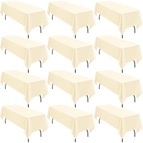 12 Pack Box of 60" x 102" Rectangle Polyester Beige Tablecloths - Stain/Wrinkle Resistant - New