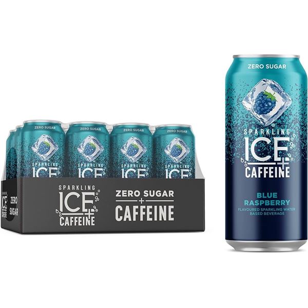 1 Case of Sparkling Ice +Caffeine Blue Raspberry Sparkling Water; 12 x 473ml Cans - New