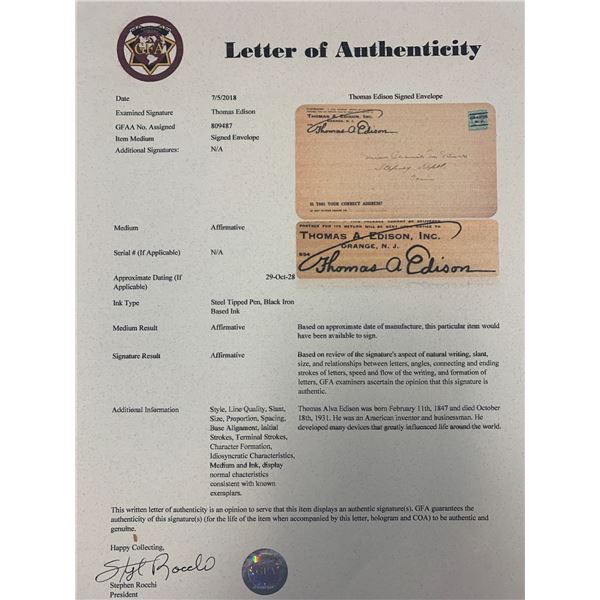 Thomas Edison signed letter holder. GFA authenticated