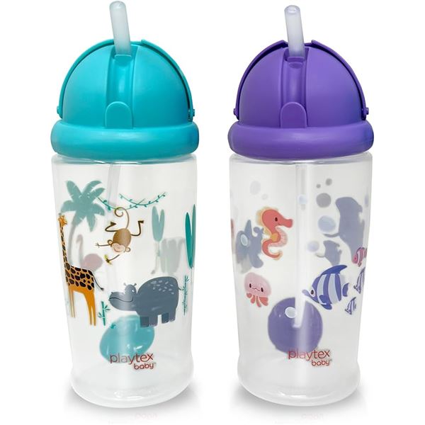 NEW 2 X 355ML PLAYTEX SIPSTERS FLIP-TOP STRAW CUP