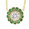 Image 2 : NEW 14K Gold Round Diamond & Emerald Halo w/ Milgrain Flower Pendant & Chain