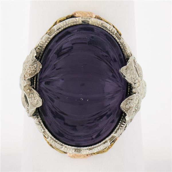 Antique Art Deco 14k Gold Oval Carved Amethyst Filigree Floral Ring w/ Bow Sides