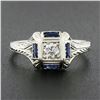 Image 8 : Antique Art Deco 18K White Gold 0.15 ctw Diamond w/ Sapphire Engraved Work Ring