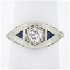 Image 1 : Antique Art Deco 18k Gold Old European Diamond w/ Sapphire Floral Filigree Ring