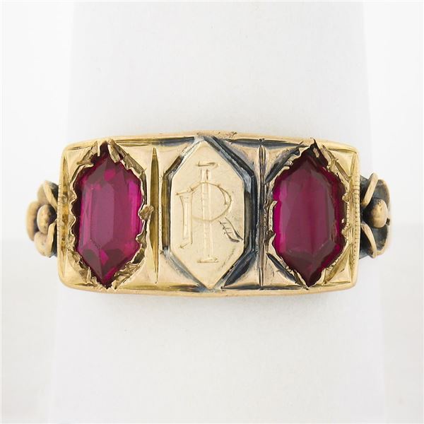Antique Victorian 18K Rosy Yellow Gold Lozenge Kite Red Stone Signet Band Ring
