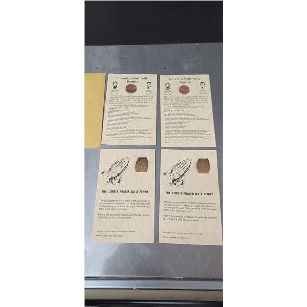 TWO LINCOLN KENNEDY PENNIES AND TWO "THE LORDS PRAYER" ON A PENNY PLUS HUGO LA BLACK 5 USA STAMP