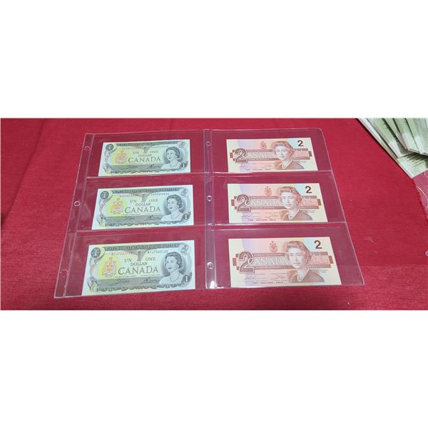 THREE 1973 $1 BILLS AND THREE 1986 $2 BILLS UNCIRCULATED