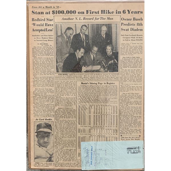 Stan Musial signed check with vintage newspaper