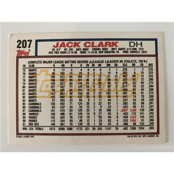 Jack Clark signed baseball card