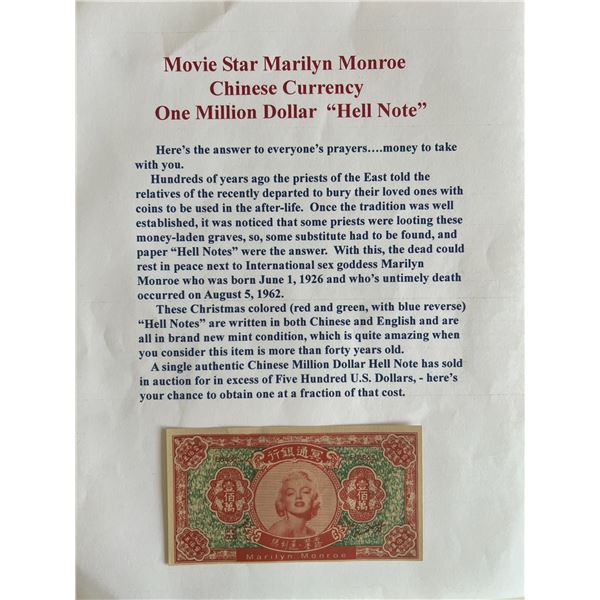 Marilyn Monroe Authentic Chinese Hell Note