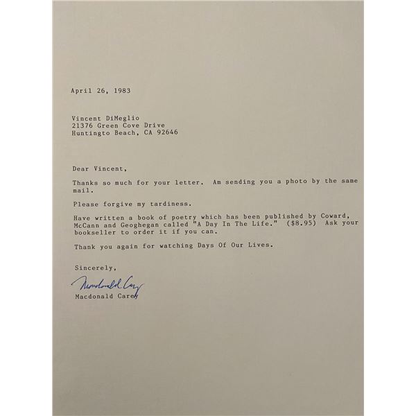 Streets of Laredo Macdonald Carey signed personal letter