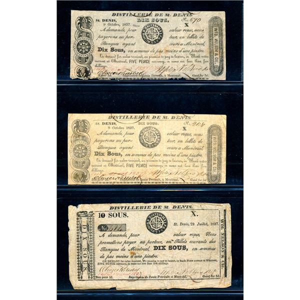 CANADA - Set of 3 merchant scripts Distillerie Saint Denis 10 sous 1837