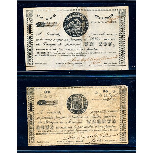 CANADA - Set of 2 merchant scripts Rivier du Chaine 1837