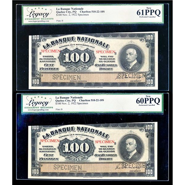 CANADA - Lot of 2 banknotes SPECIMEN LA BANQUE NATIONALE $100 1922