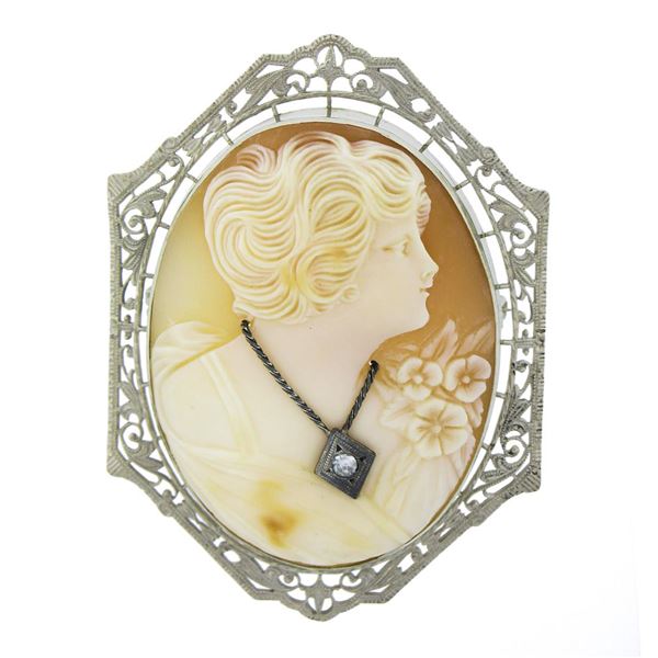 Large Vintage 14K White Gold Carved Shell Cameo w/ Diamond Filigree Pin Brooch