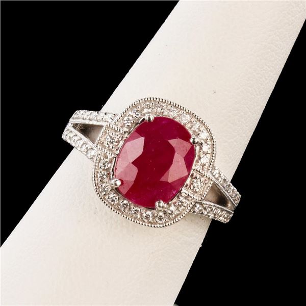 3.26 ctw Mozambique Ruby and 0.30 ctw Diamond Platinum Ring (GIA CERTIFIED)