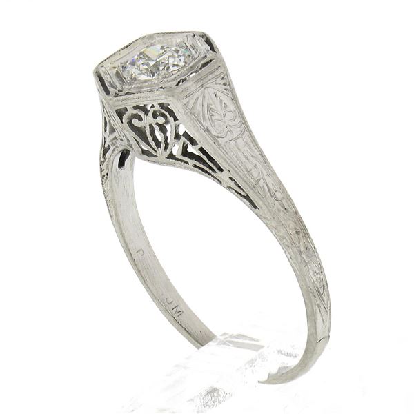 Antique Edwardian Platinum European Diamond Filigree & Engraved Engagement Ring