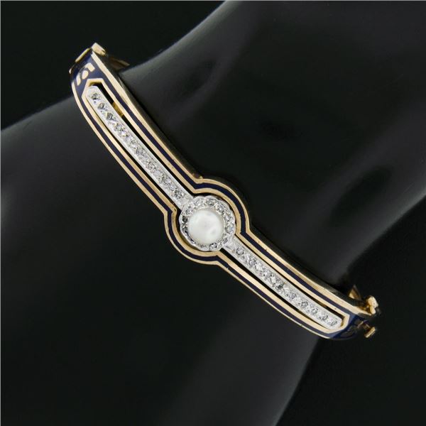 Vintage Victorian Revival 14K Gold Pearl Diamond Enamel Hinged Bangle Bracelet