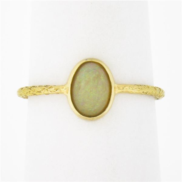 Vintage Handmade 18k Gold Oval Cabochon Cut Opal Solitaire Petite Cocktail Ring