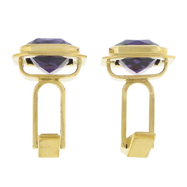Mens Vintage 14K Gold Rectangular Bezel Alexandrite w/ Polished Frame Cuff Links