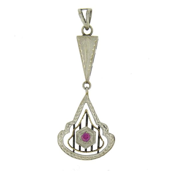 Antique 18K TT Gold Pave Pink Stone Dangle Engraved Open Filigree Work Pendant