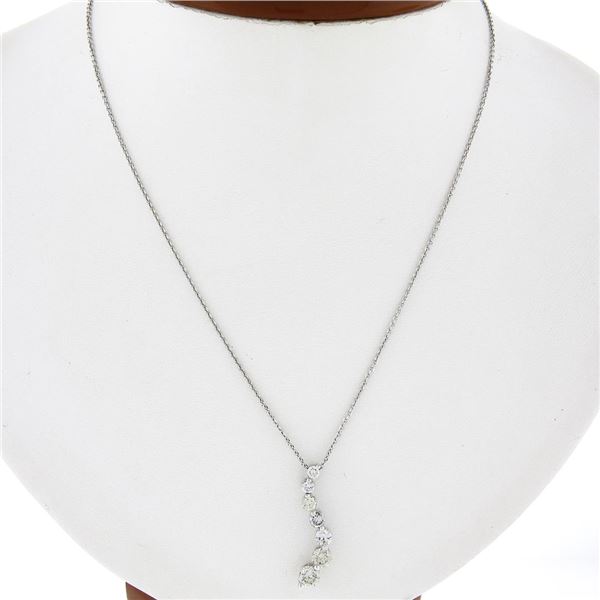 14K White Gold 1.10 ctw Round Diamond Wavy Journey Pendant w 18" Cable Link Chai