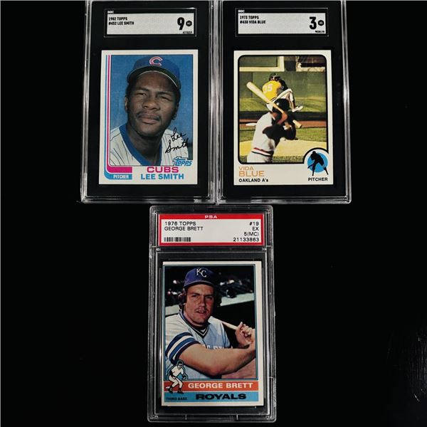 Set of (3) Vintage Topps Baseball Cards Featuring Lee Smith, Vida Blue & George