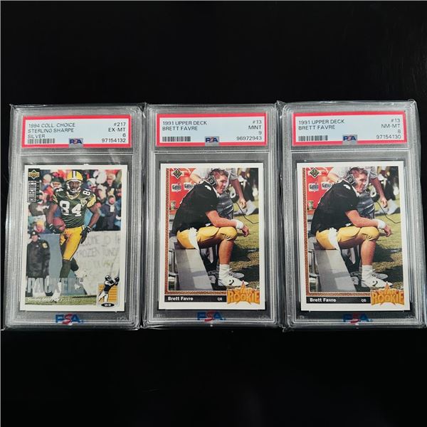 Set of (3) 1990s NFL Cards - Brett Favre Rookie x2 & Sterling Sharpe - PSA Grade