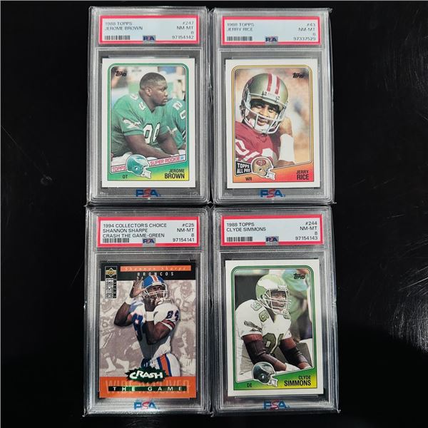 Set of (4) Graded Football Cards - Jerry Rice, Jerome Brown, Sharpe & Simmons (P