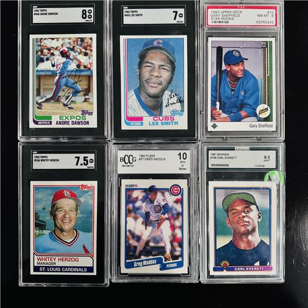 Set of (6) Graded Baseball Cards - Dawson, Lee Smith, Sheffield, Maddux & More
